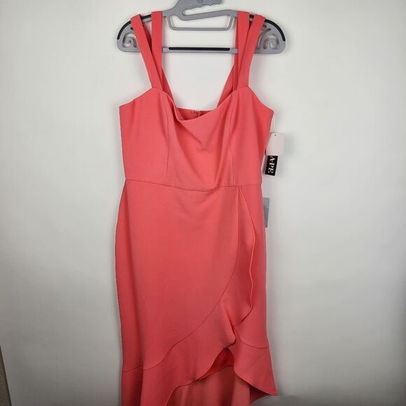 XSCAPE WOMENS 14 Double Strap Crepe Dress Coral HI LOW SLEEVELESS RUFFLE NWT NEW - Picture 3 of 11